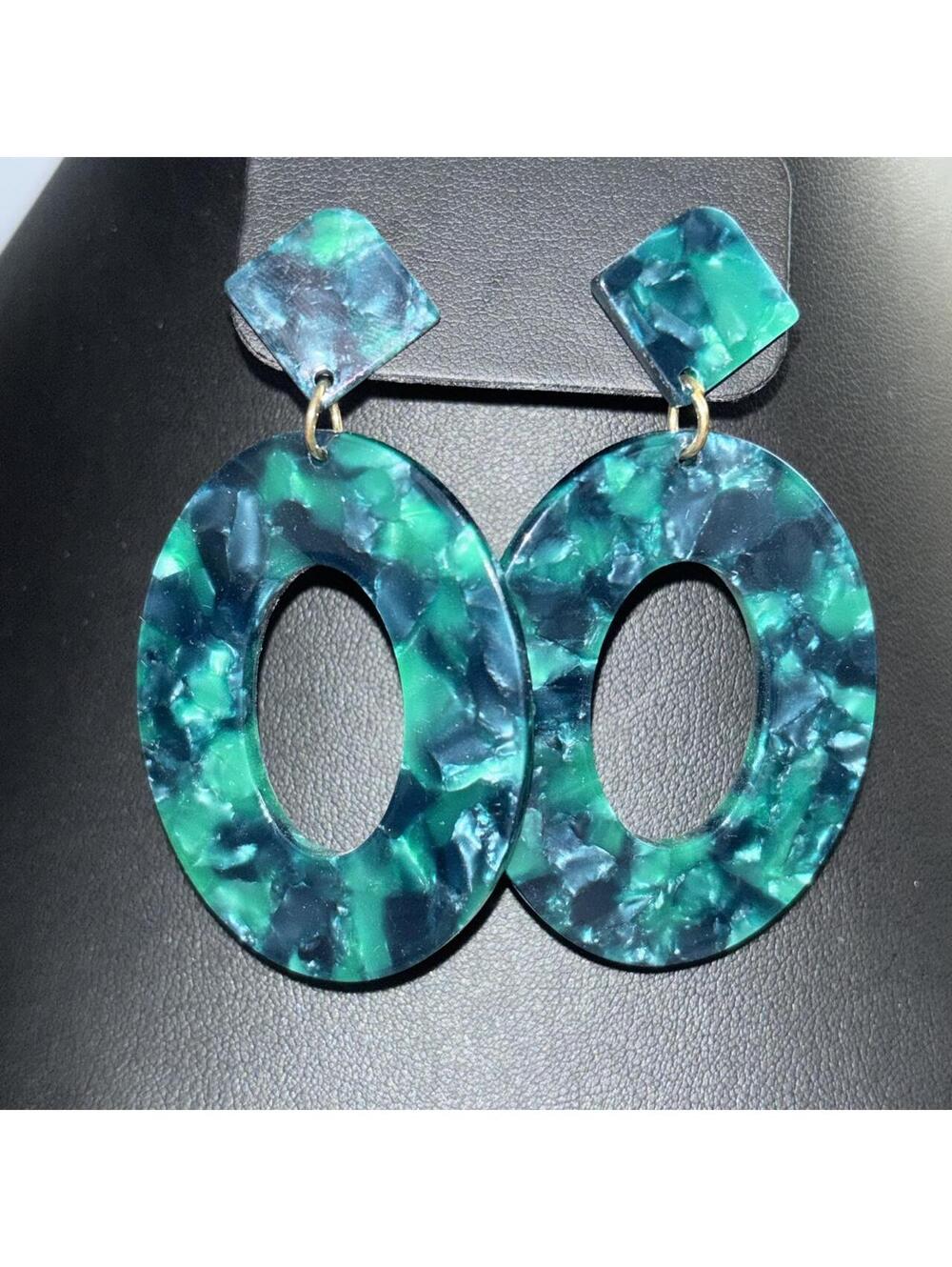 Green Marbled Resin Statement Earrings